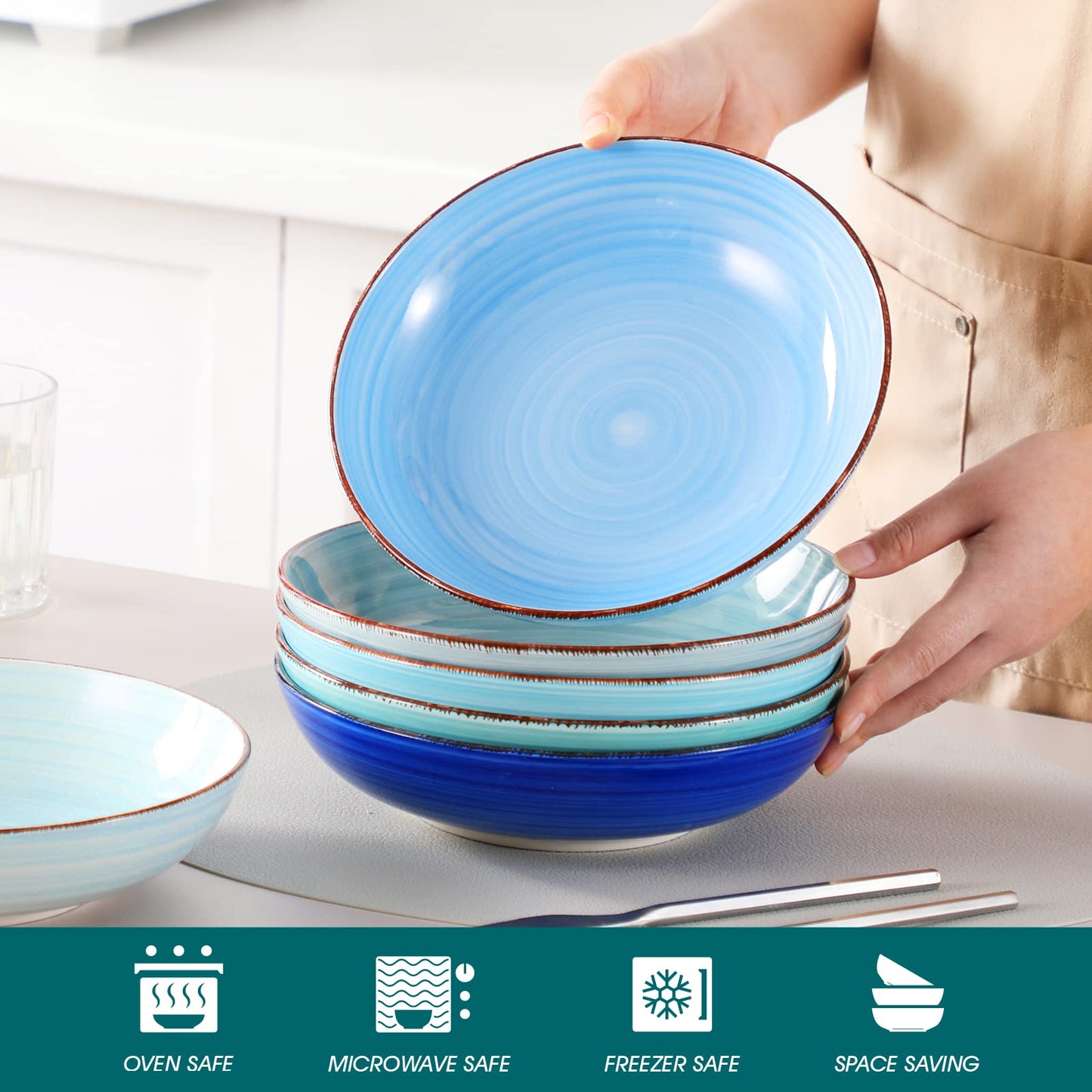 vancasso Bonita Pasta Bowls 38 oz, Large Ceramic Salad Bowls, Pasta Bowl Set of 6, Microwave & Dishwasher Safe Soup Bowls, Serving Bowls, Cool Colors