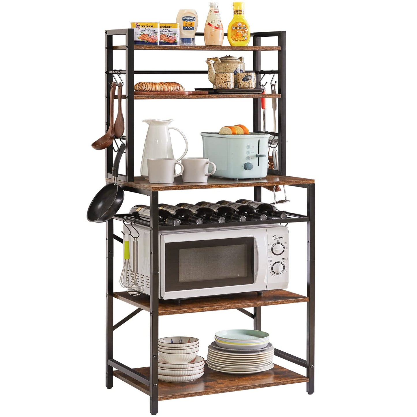 YMYNY Kitchen Baker's Rack, Microwave Oven Stand with Storage Shelves, Industrial Coffee Bar Station, with Adjustable Wine Holders and 12 S-Hooks