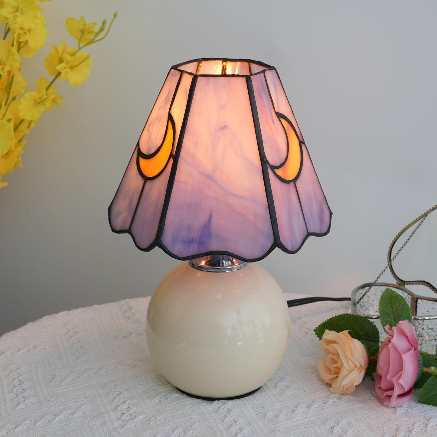 KIPHEPI Mushroom Lamp Small Bedside Table Lamp-Nightstand Pink Blue Glass Moon Nightlight for Bedroom Dorm Living Kitchen, Tiffany Style Aesthetic