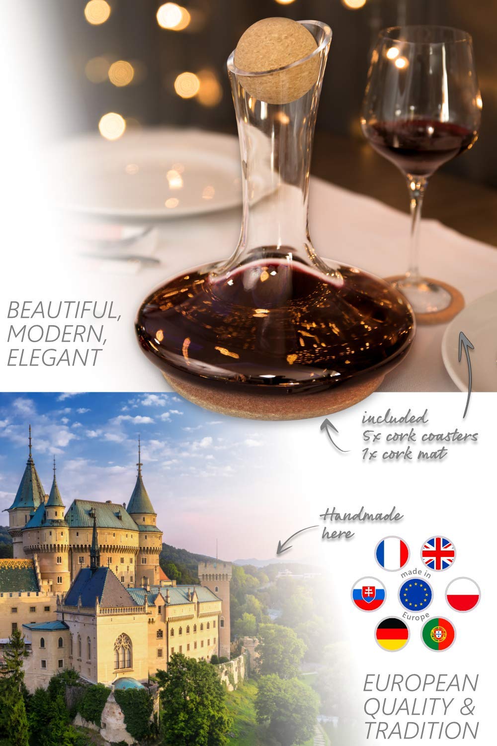 Crystallin Wine Decanter & Accessories (Cleaning Beads, Cork Stopper, Mat & Coasters)  100% Handmade in Europe, Lead-Free Crystal Glass Wine Carafe