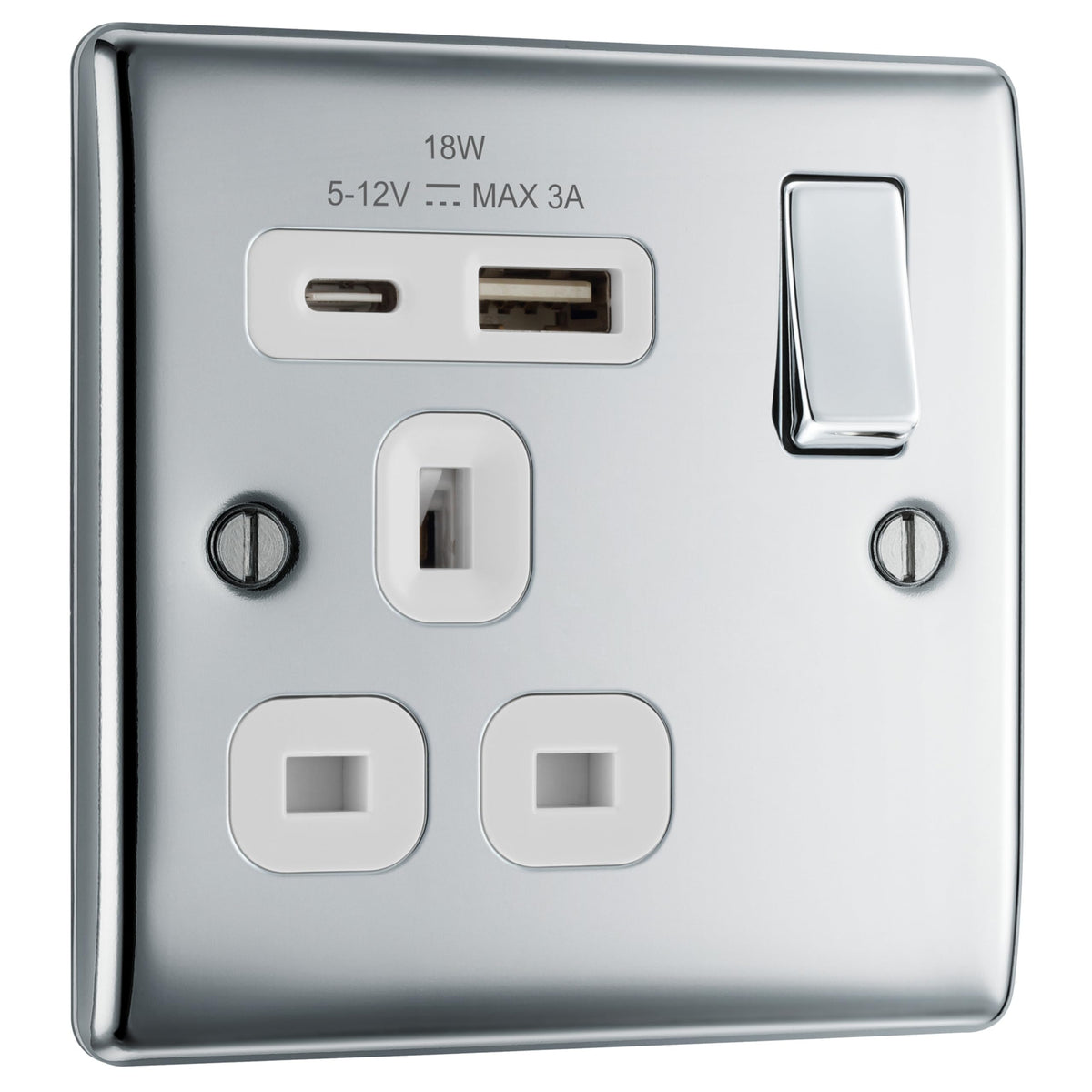 BG Electrical 18W Single Switched Power Plug Wall Socket with Type A USB and Type C USB Charging Ports, Fast Charge, Round Edges, Nexus Metal,