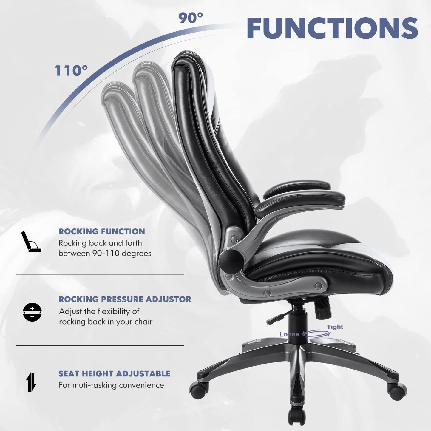 COLAMY Leather Executive Office Chair - High Back Home Computer Desk Chair with Padded Flip-up Arms, Adjustable Tilt Lock