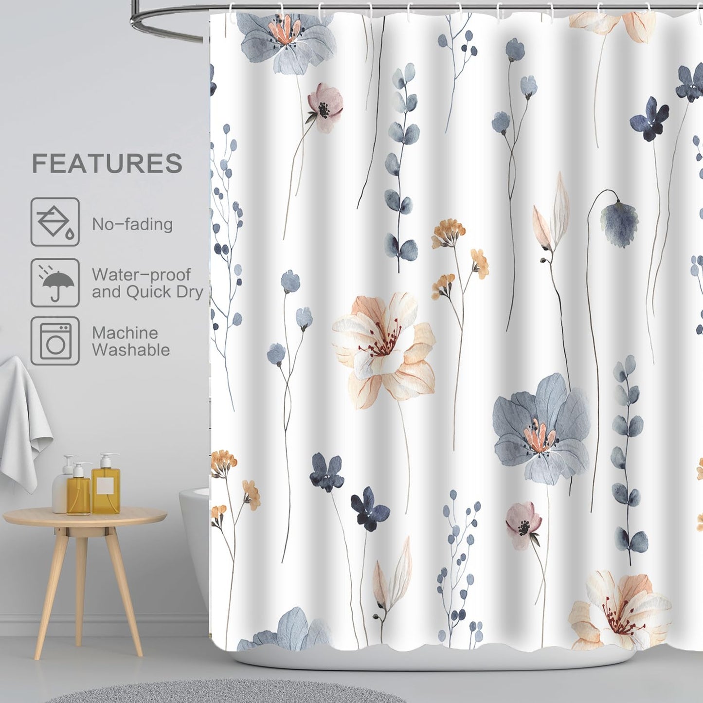 Jemsia Shower Curtain for Bathroom,Leaf Print Waterproof Anti Mould Bath Curtain with Weighted Hem,12 Hooks Floral Washable Polyester Shower Curtains