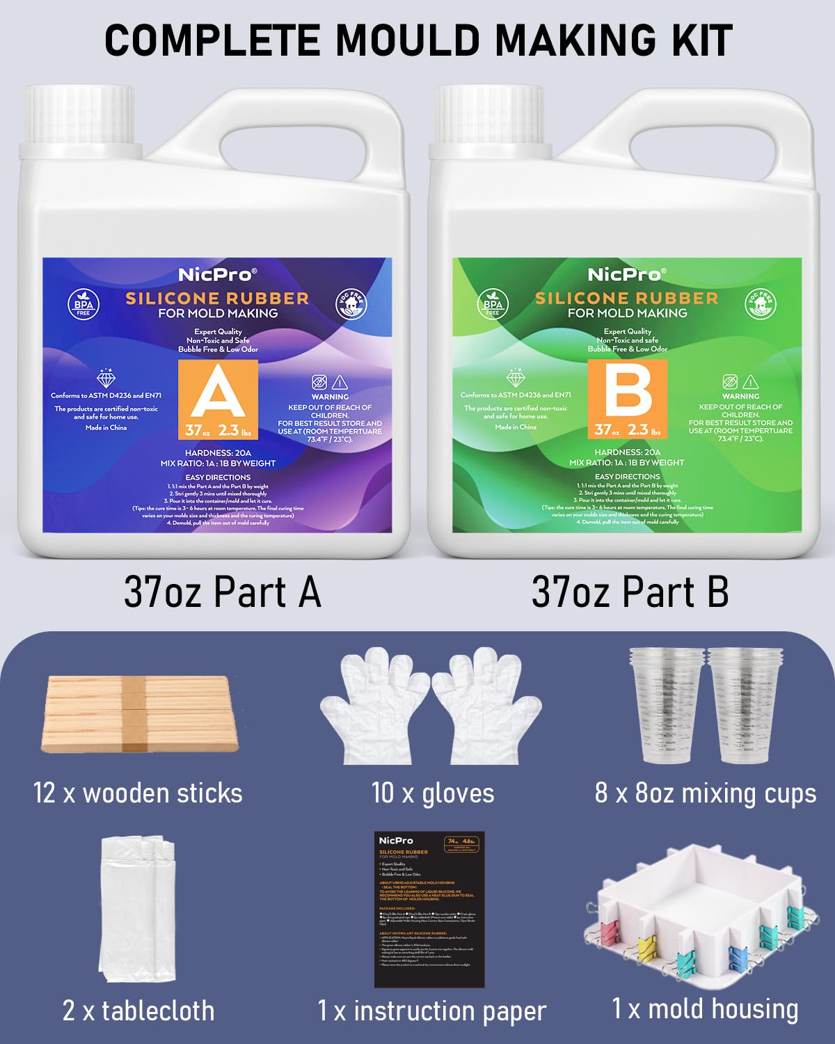 Nicpro 74oz/2188ml Silicone Mold Making Kit, Platinum Liquid Silicone Rubber for Mold Maker, Translucent Flexible & Food Safe Mix Ratio 1:1 for