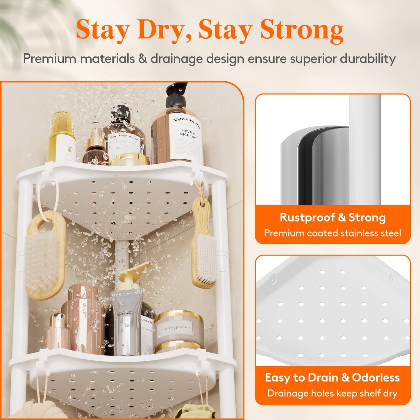 Lifewit 3 Tier Corner Floor Standing Shower Caddy Rack with Hooks, White