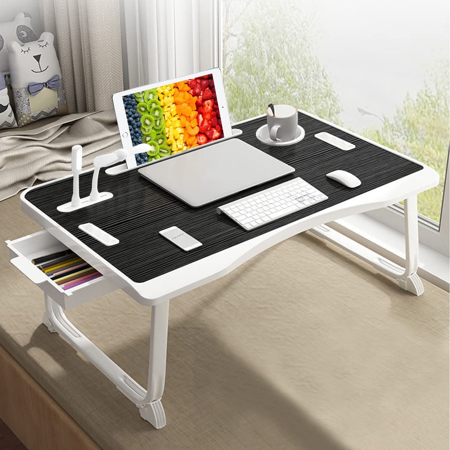 Upgraded Bed Table Laptop Desk, Foldable Tray with USB Charge Port, Handle, Desktop Card/Cup Slot, Side Drawer