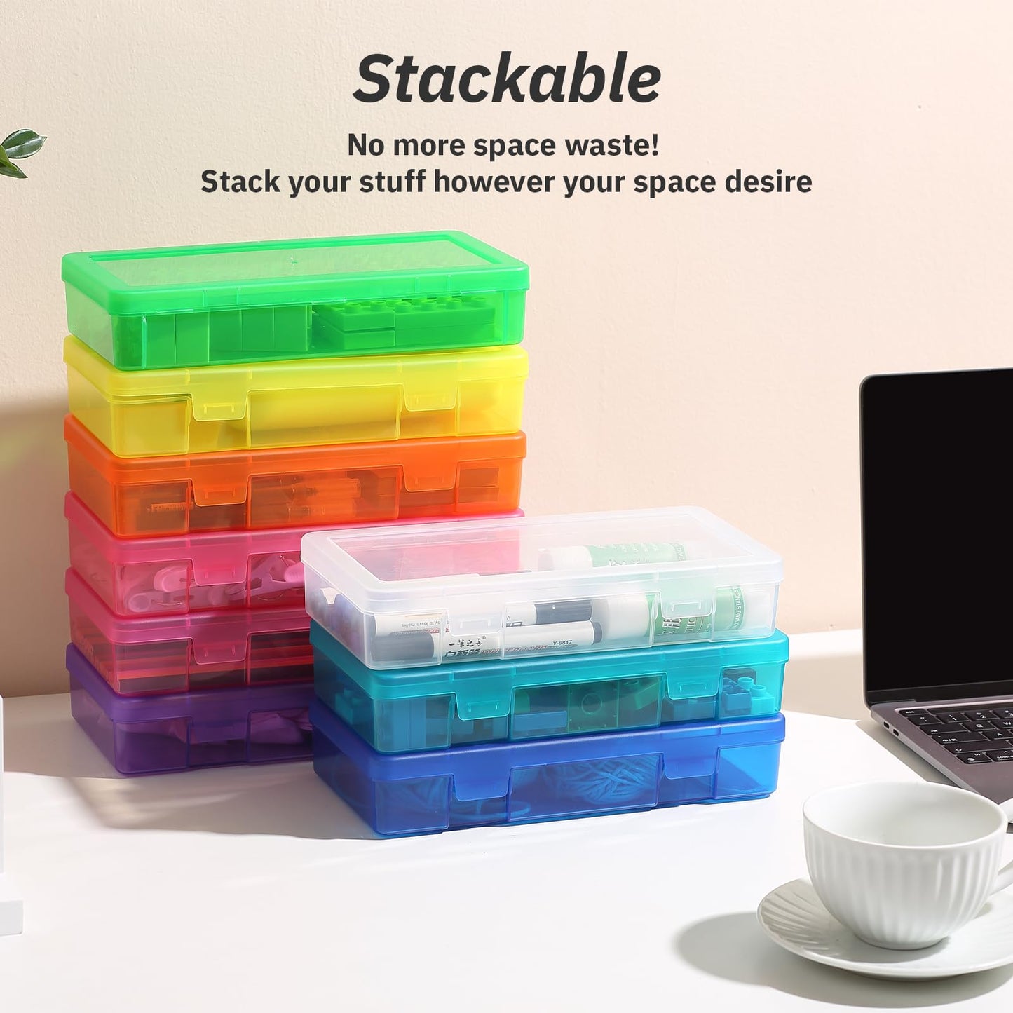 novelinks Medium Plastic Storage Boxes with Latching Lids – 9 Pack Stackable Craft Organizers for Supplies, Pencils, Crayons, Beads