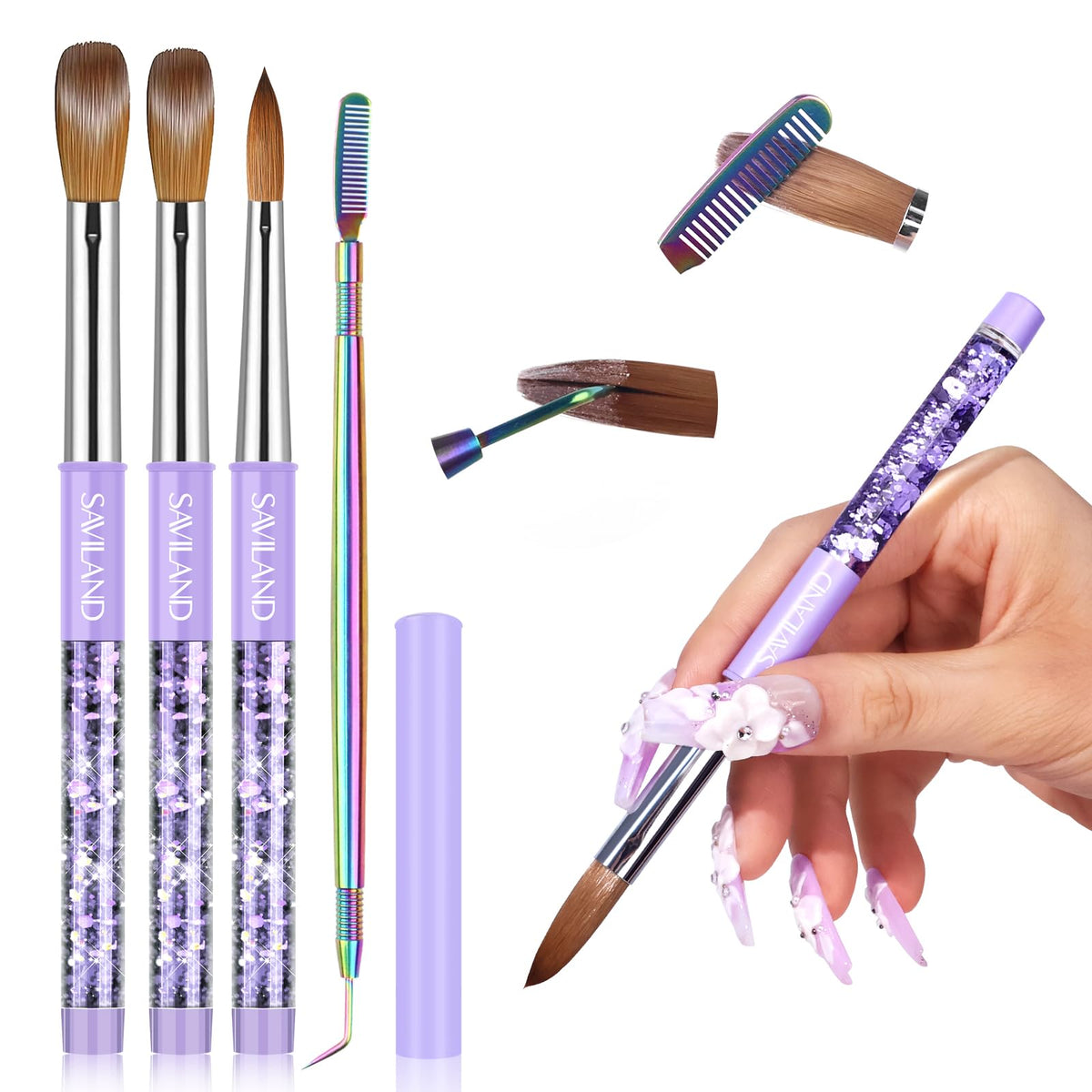 SAVILAND Kolinsky Acrylic Nail Brush Set: Size 6,10,14 Professional Nail Brushes with Cleaner Tool Purple Quicksand Metal Handle for Acrylic Powder