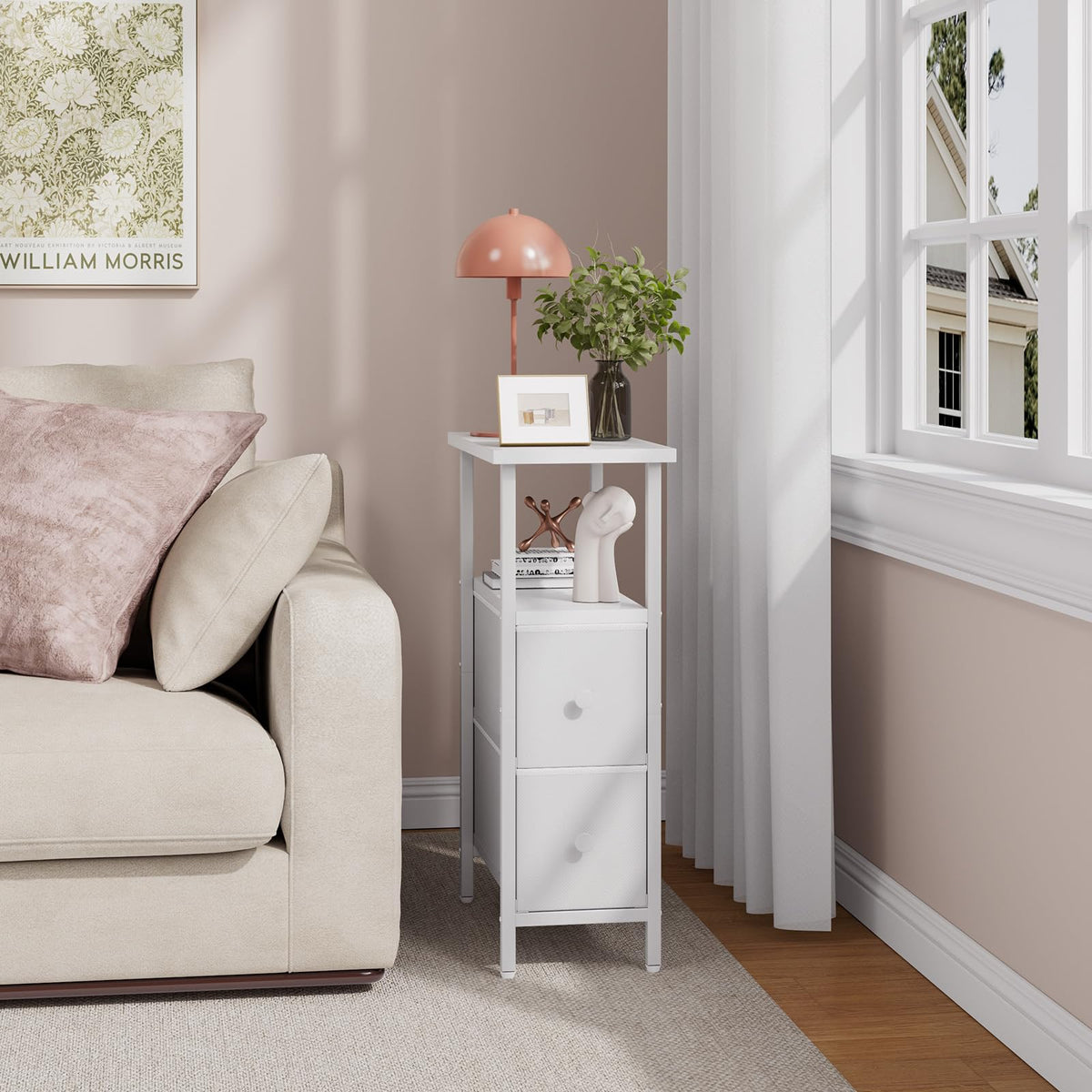 YMYNY Narrow Side Table Set of 2, Slim Bedside Table with 2 Fabric Drawers, Nightstand for Small Spaces