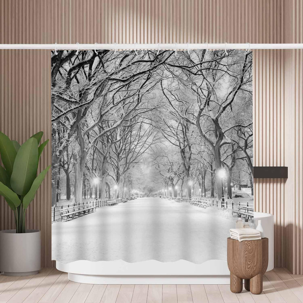 Woutay Shower Curtain Mould Proof Resistant Winter Street Scenery,Water Repellant Fabric,Polyester,with 12 Plastic Hooks