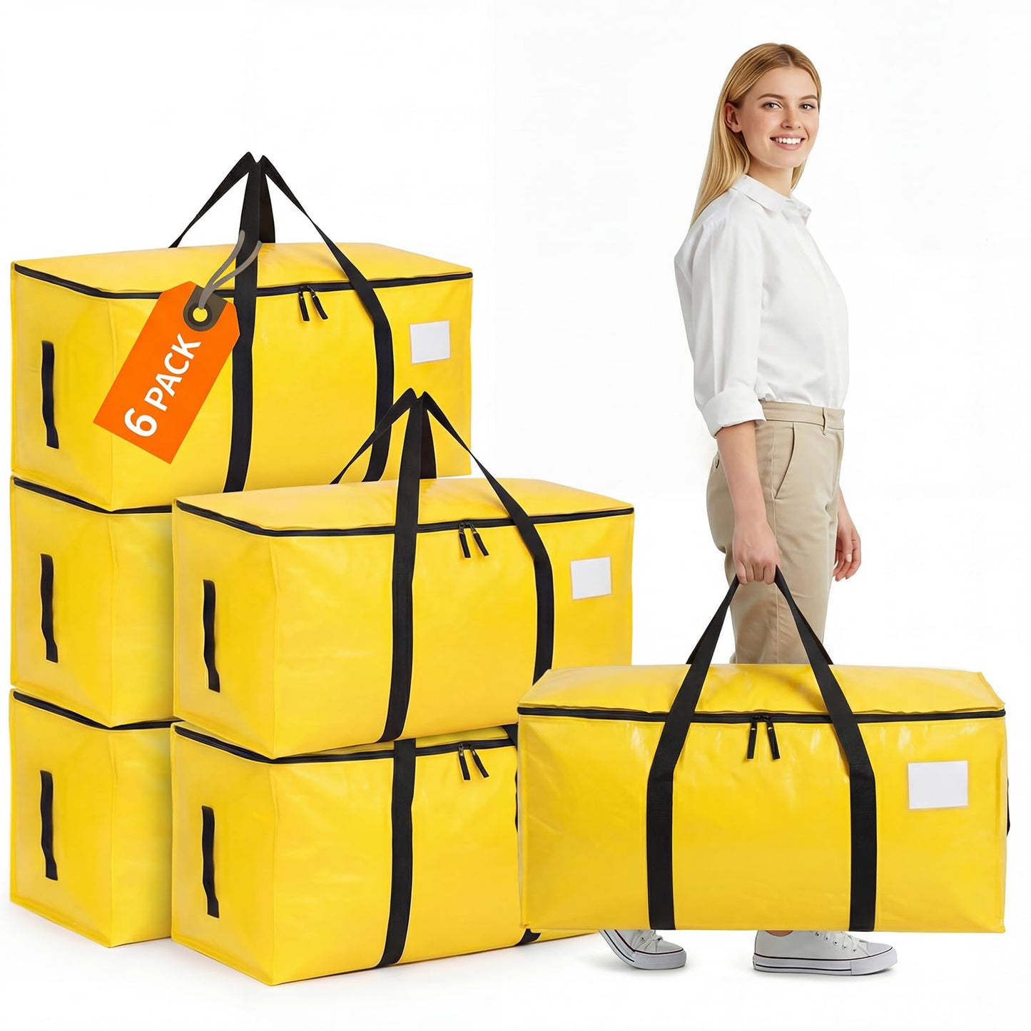 6 Pack 90L Moving Bags, Heavy Duty Storage Bag Dorm Moving Essential,Yellow