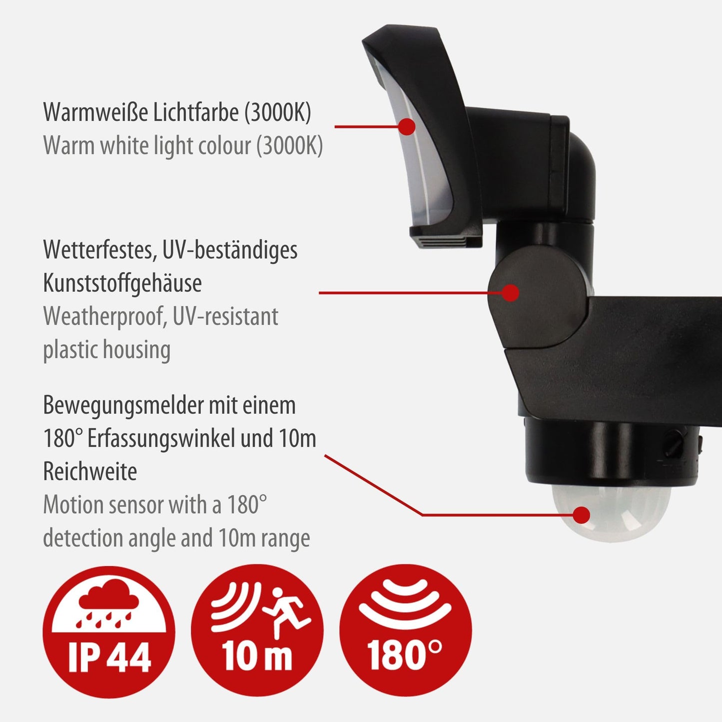 Brennenstuhl LED Security Light Outdoor with Motion Sensor WS 2050 SP (20W, 1680lm, IP44, 3000K, Warm White Light, 180 Angle of Detection with up to