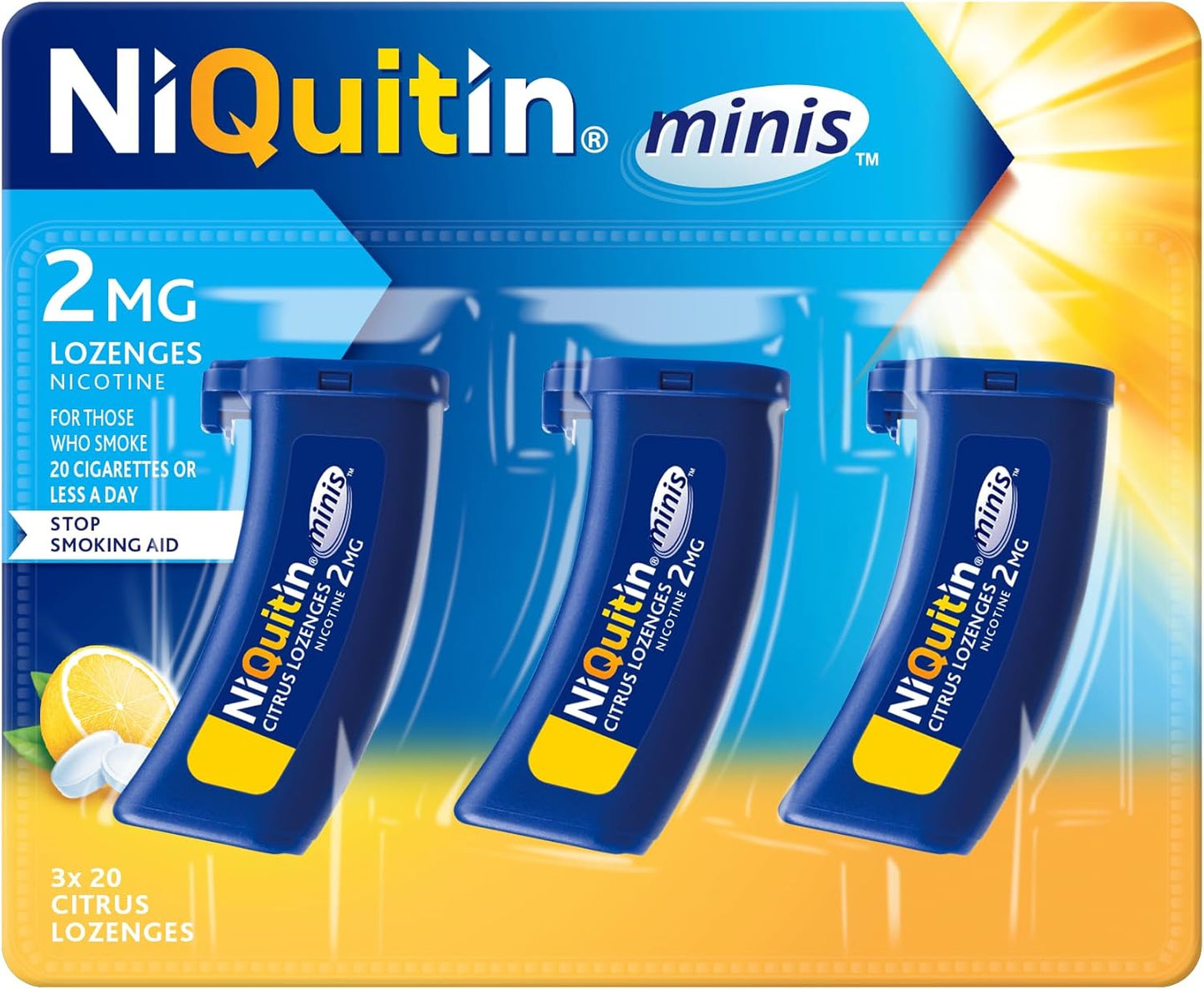 NiQuitin 2mg Minis Citrus Lozenges, 3 xPack of 20 Minis, Expiry date 04/27, ID REQUIRED, New but scruffy packaging