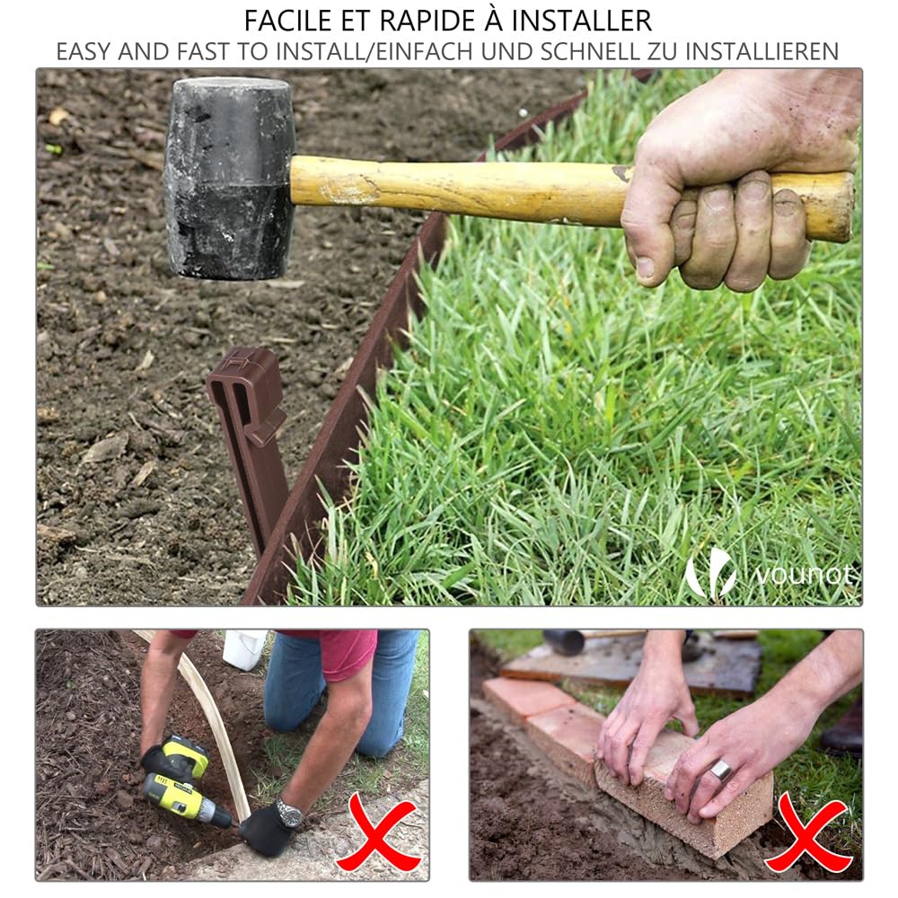 VOUNOT PE Garden Edging 20 Metres with 12 Anchor Pegs Flexible Lawn Edging Natural Look Height 13 cm Thickness 4 mm Brown
