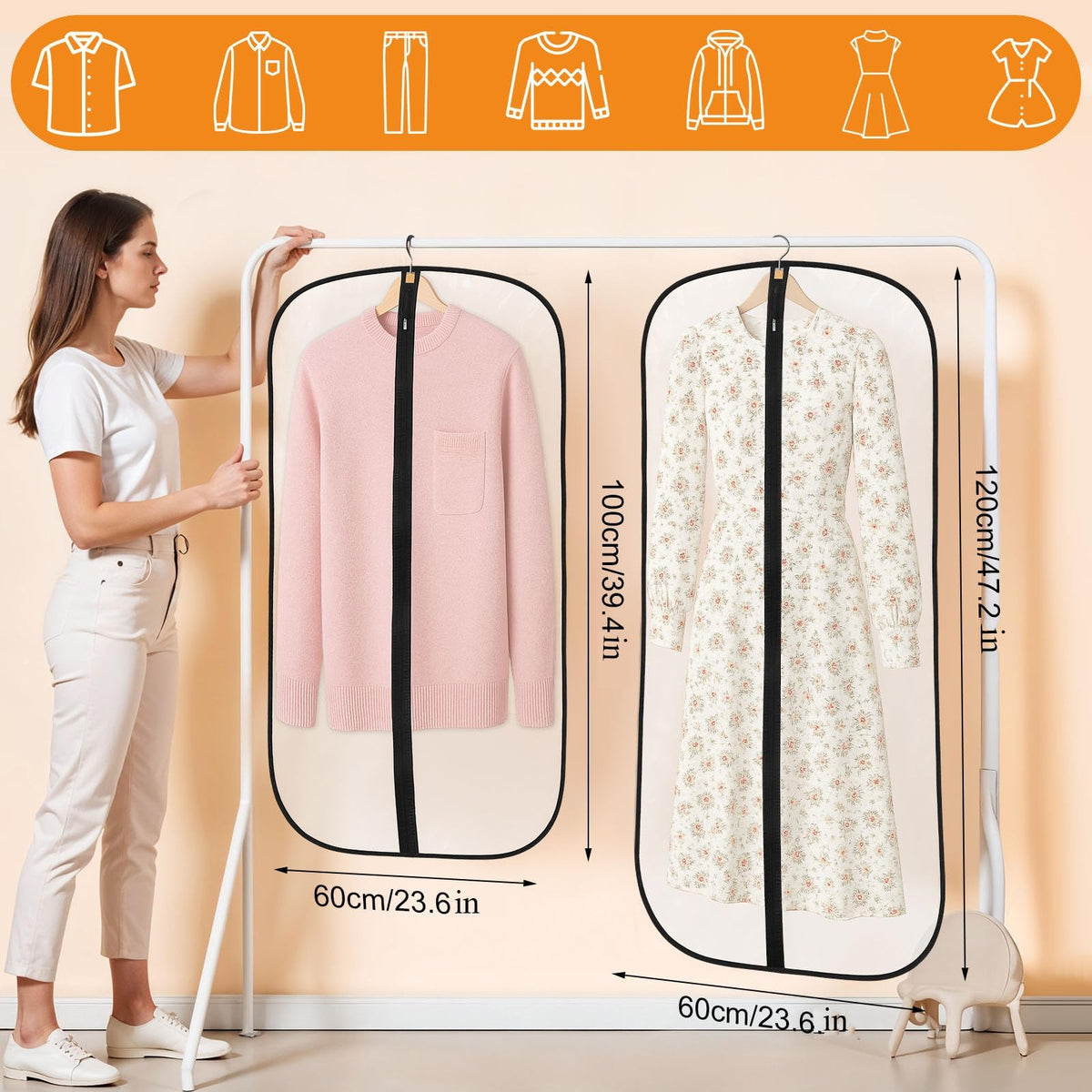 6 Pack Garment Bags, PEVA Translucent Clothes Covers, Suit Bag 40in+47in