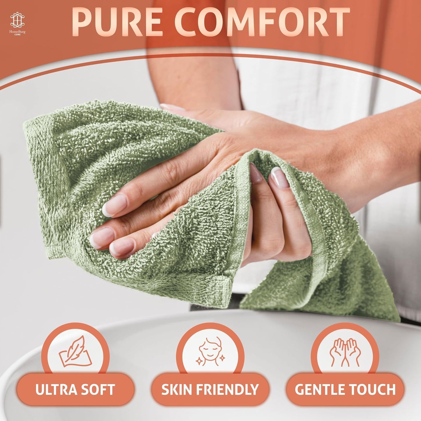 HomeBurg CORE 10-Piece Cotton Washcloths for Bathroom and Kitchen