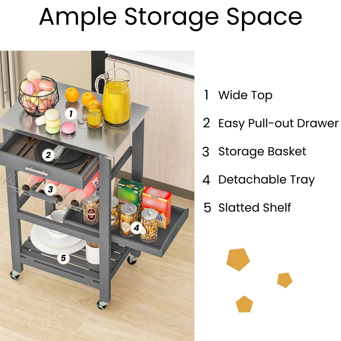 GiantexUK 4-Tier Kitchen Storage Trolley on Wheels, Rolling Storage Cart with Stainless Tabletop, Pull-out Drawer & Wire Basket