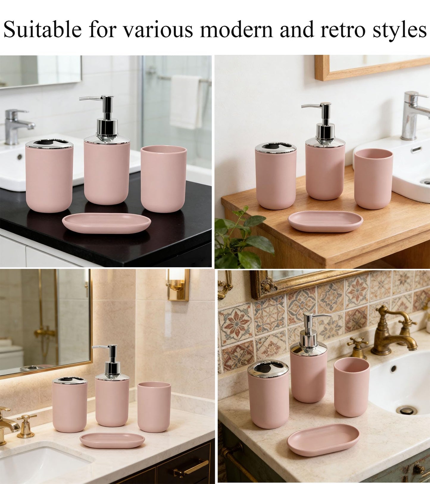 Hosoncovy 4 Pieces Bathroom Accessory Set with Soap Dispenser, Bathroom Cup, Soap Dish ，Toothbrush and Toothpaste Holder (Pink)