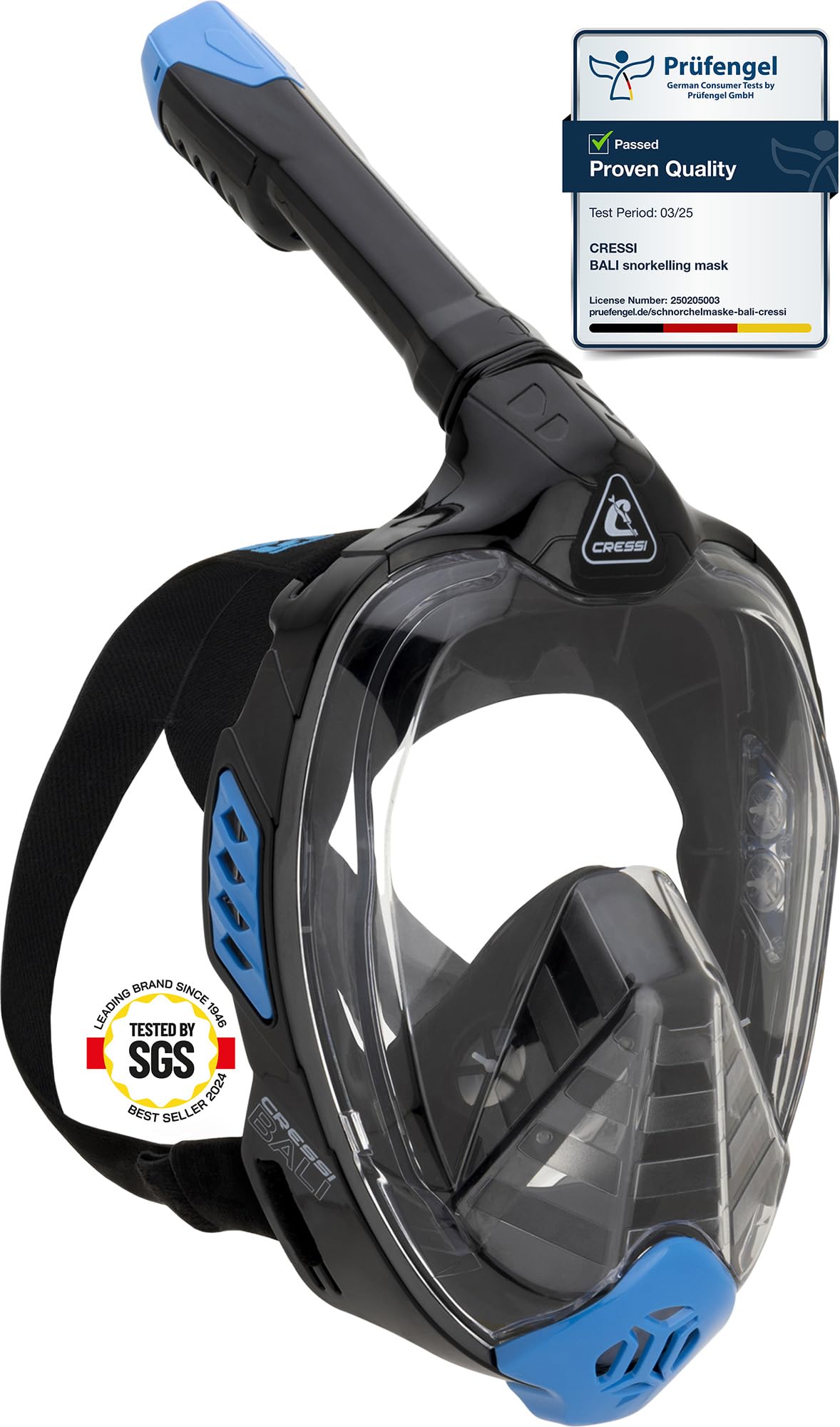 CRESSI Bali Full Face Mask Black/Blue L/XL - Unisex Integral Snorkel Mask, Anti Fog Clear Lens, 100% Silicone, Dry Snorkel with Float Valve, Action