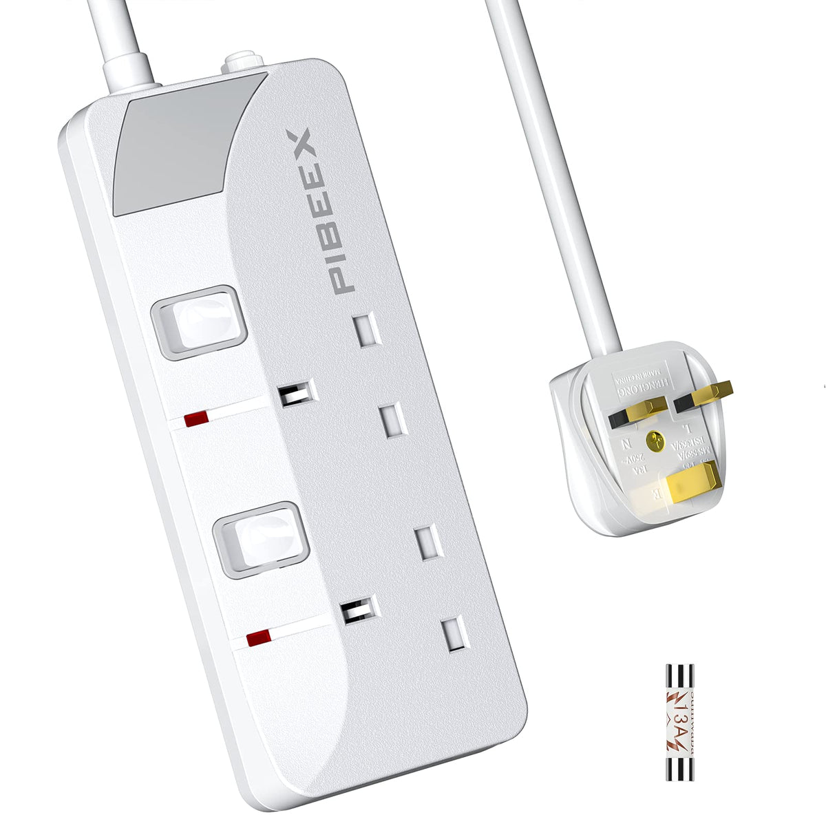 PIBEEX Extension Lead 2 Way Plug Sockets with Individual Switches Wall Mountable Power Strip with 5 Meter Long Extension Cable 13A Fused UK Plug 3250W