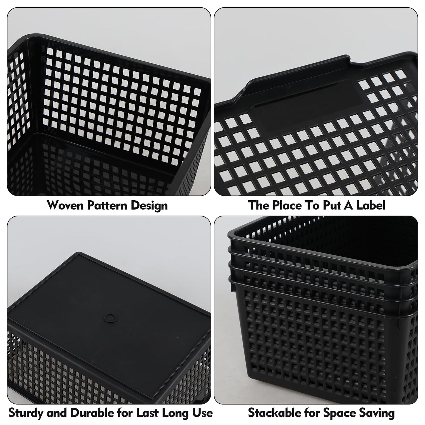 Zopnny 6 Pack Plastic Desktop Storage Basket, Large Organized Basket, Black