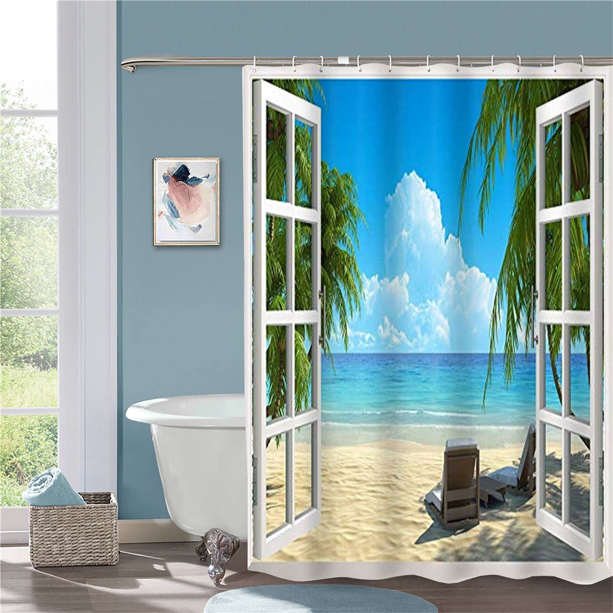 JOOCAR Garden Shower Curtain, Palm Tree Decor Ocean Beach Seascape Through White Wooden Windows Summer Scene Tropical Island Blue Green