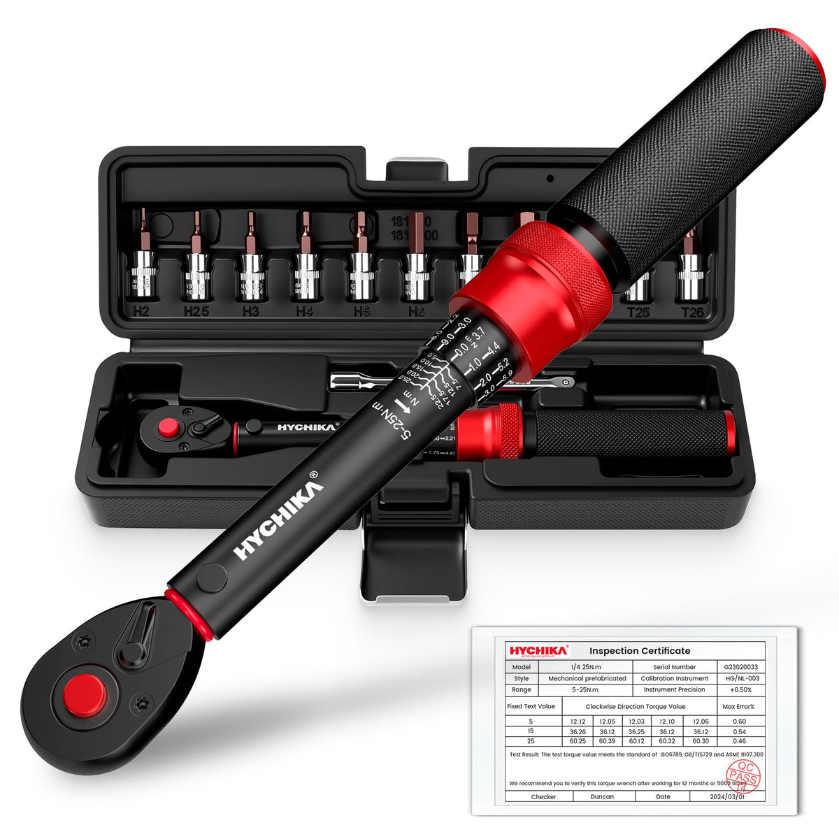 HYCHIKA 13PCS 1/4" Torque Wrench 5-25Nm, ?2% Accuracy, 72-Tooth Bike Torque Wrench Set with 12 Bits & Storage Case for Bicycle, Motorcycle,