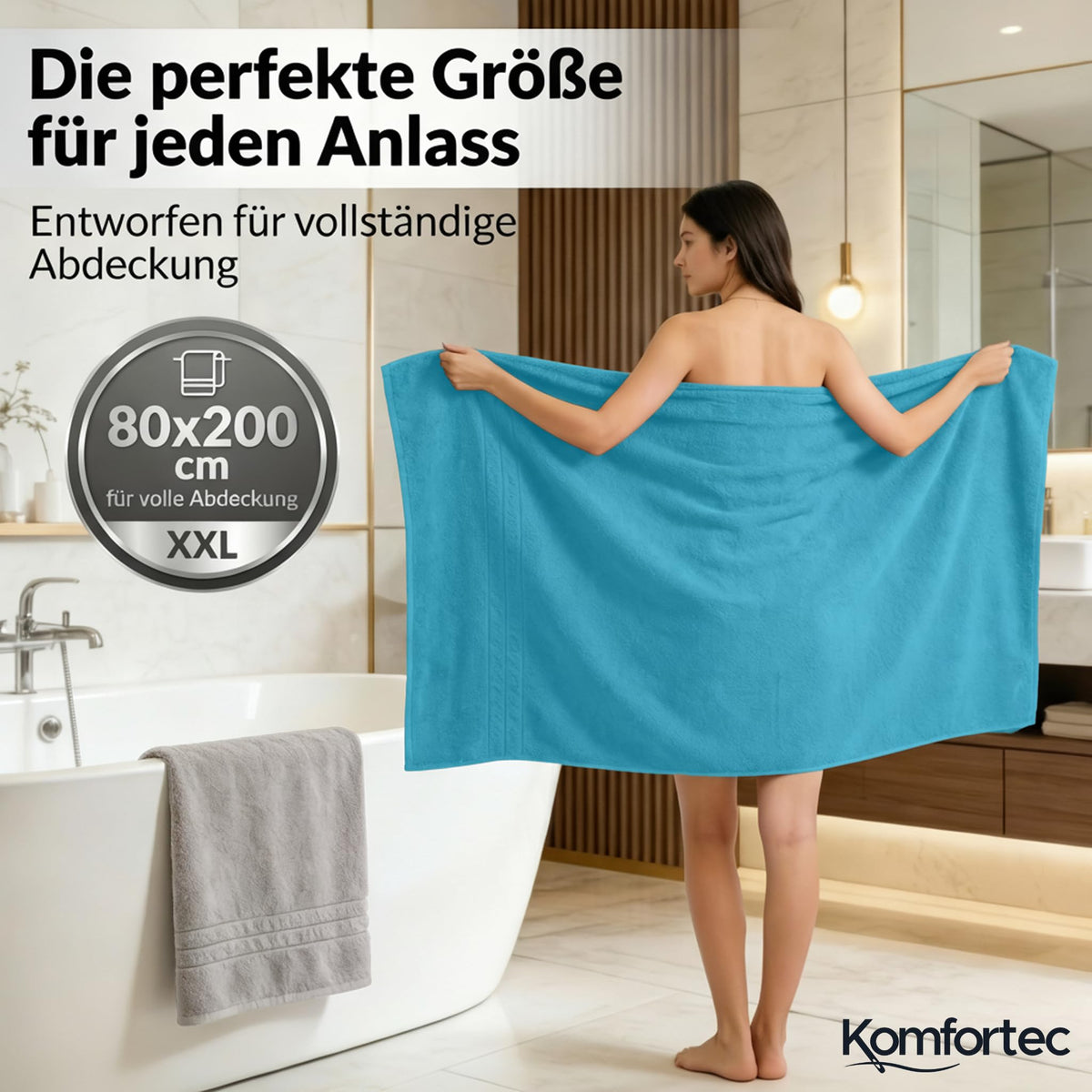 Komfortec Jumbo Bath Towels, 100% Cotton, Quick Dry, 80x200, Silver & Turqoise