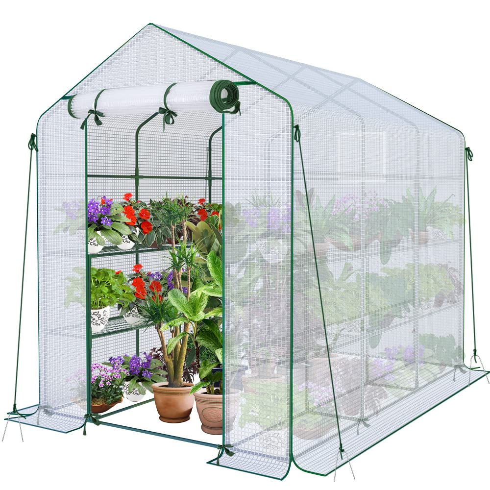 VOUNOT? Walk In Greenhouse with Shelves, Roll up Zip Panel Door Garden Plastic Polytunnels Grow House for Outdoor Use, White 143x215x195cm