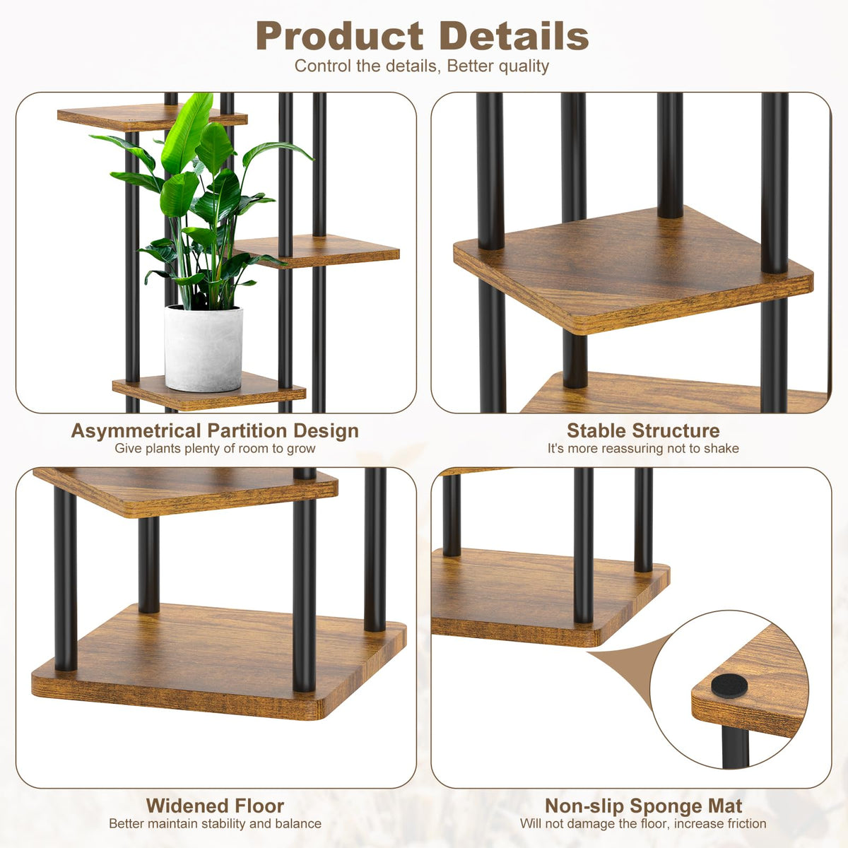 YOCOMEY 6 Tier Wood Tall Plant Stand Metal Rack Indoor, Multiple Flower Pot Holder Shelves Corner Rack, Planter Shelf Display Rack Storage Organizer