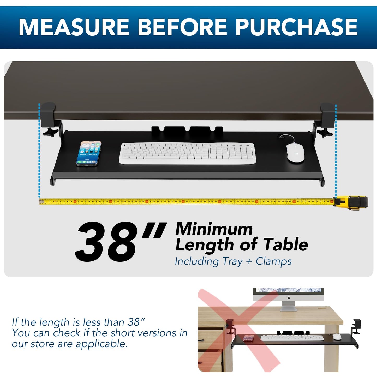 AX WABER Keyboard Tray Under Desk Pull Out with 3 Height Adjustable Extra Sturdy C Clamp Mount System, 834