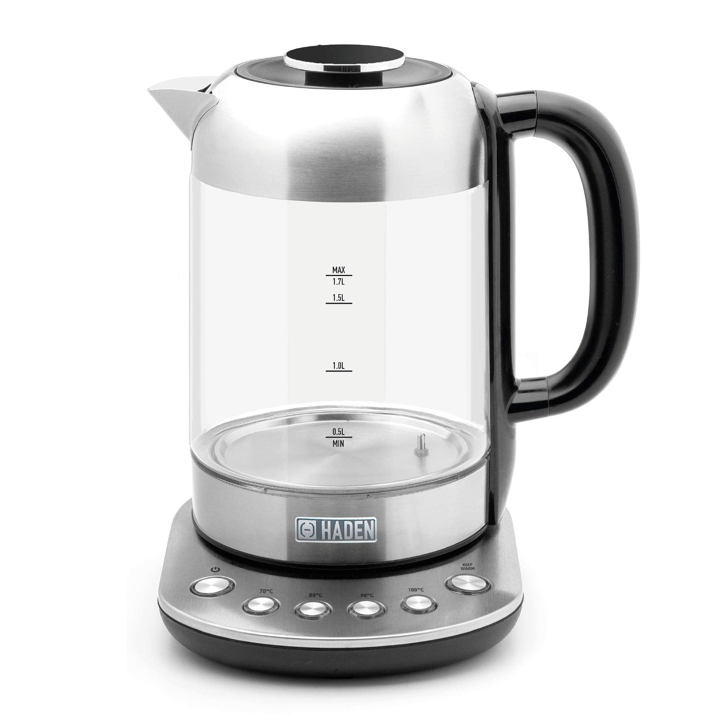 Haden Richmond Kettle ? Electric Variable Temperature Fast Boil Kettle, 3000W, 1.7Litre, Brushed Stainless-Steel & Glass, Silver