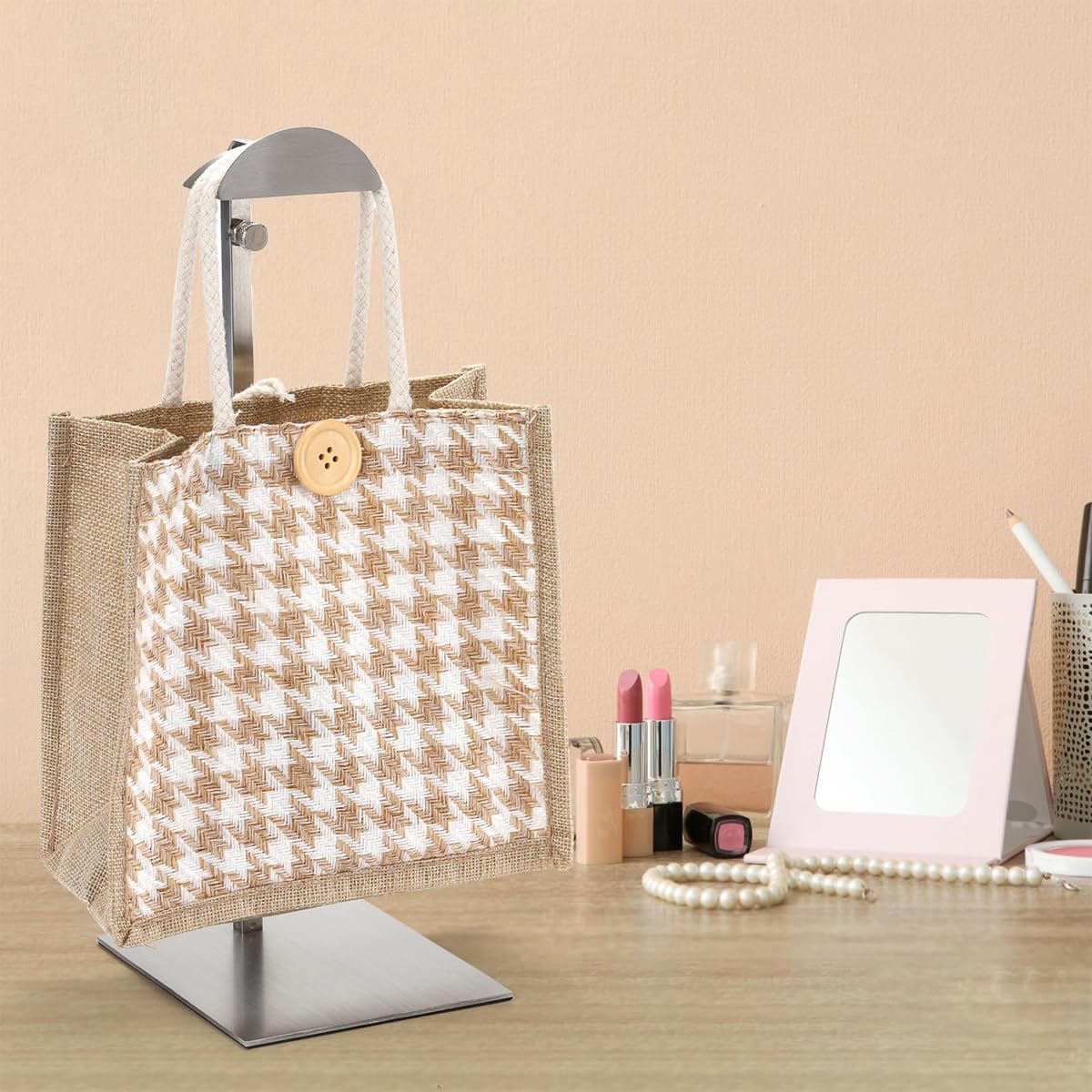 Enwye 2 Pack Purse Display Stand Stainless Steel, Adjustable Height Metal Handbag Holder Single Bag Jewelry Display Rack for Home, Silver