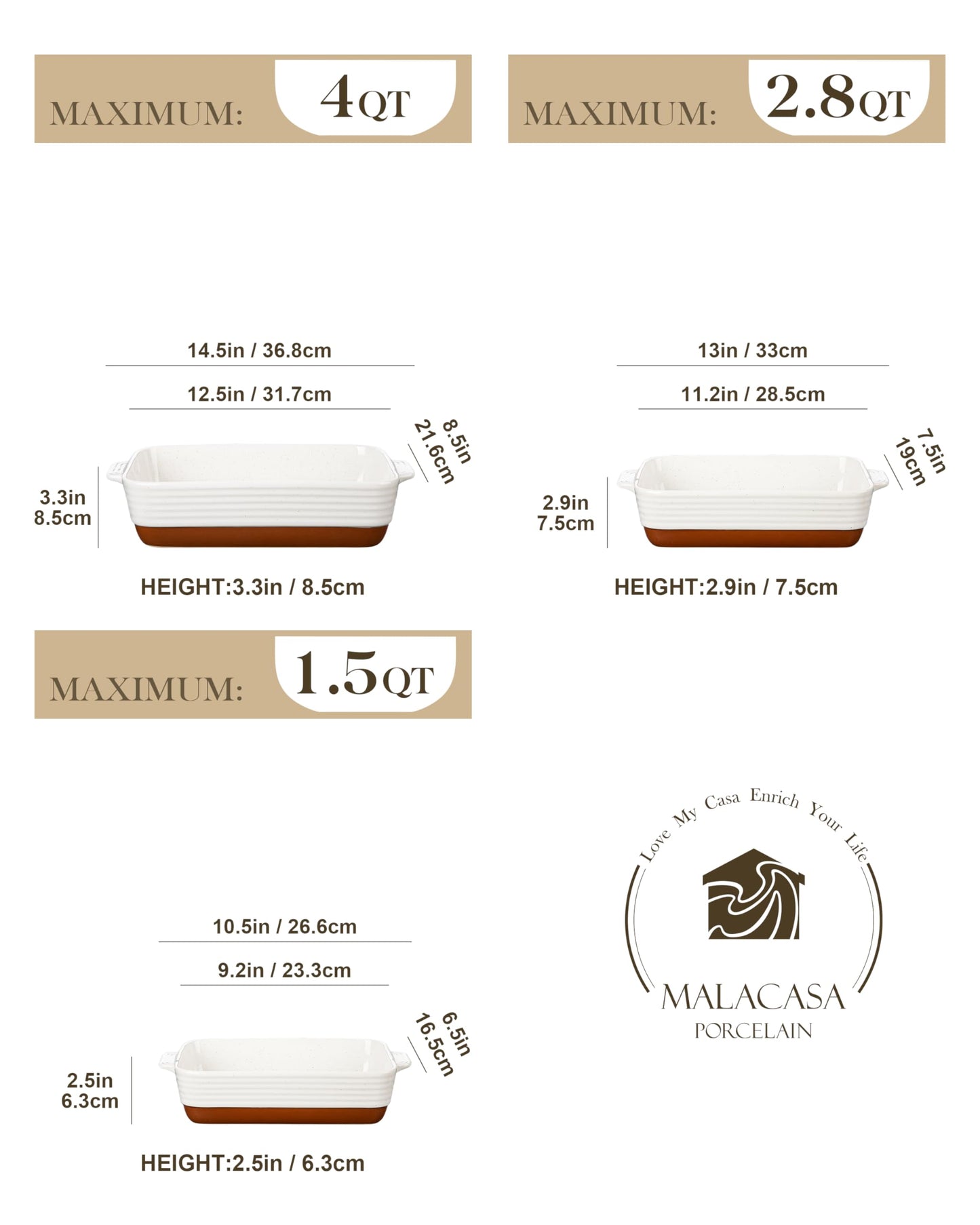 MALACASA Casserole Dishes for Oven, Ceramic Baking Dishes Set of 3, 1.45/2.7/3.8L Rectangular Baking Pan Set, Deep Lasagna Pan with Handles, Khaki