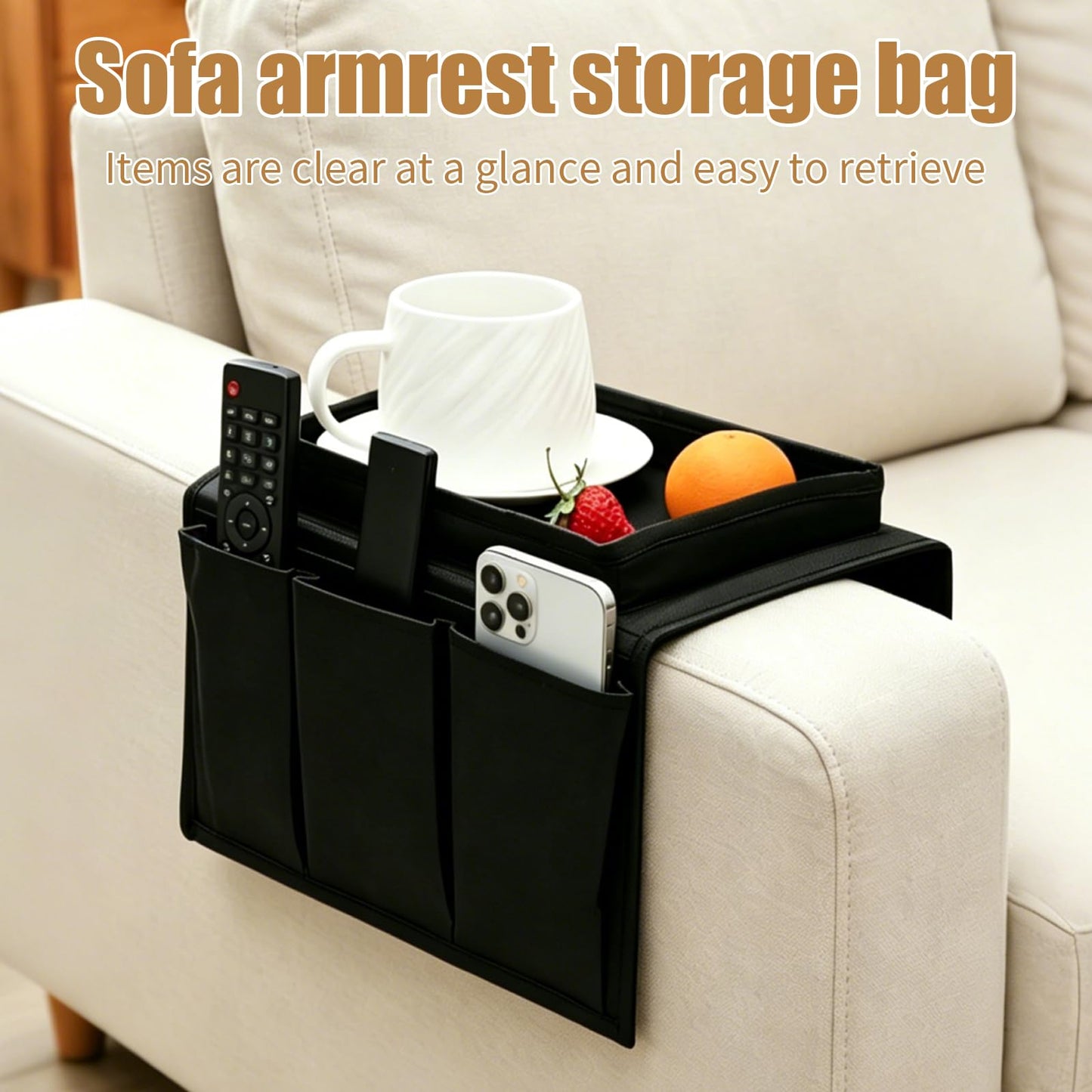 Sofa Armchair Storage Bag, Suitable for Sofas Armrests Storage Bags Tidy Tabletops Bedside Chairs Storage Baskets with Snacks and Tea Cup Holders