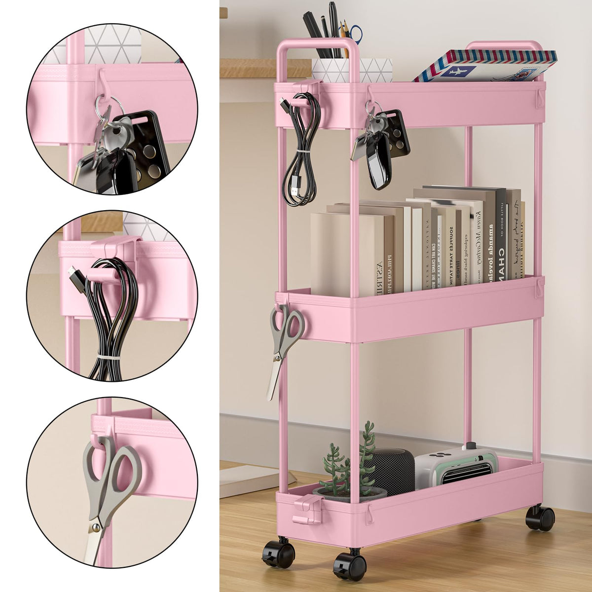 SOLEJAZZ 3-Tier Storage Trolley Cart Slide-out Slim Rolling Utility Cart Mobile Storage Shelving Organizer for Kitchen, Bathroom, Laundry Room