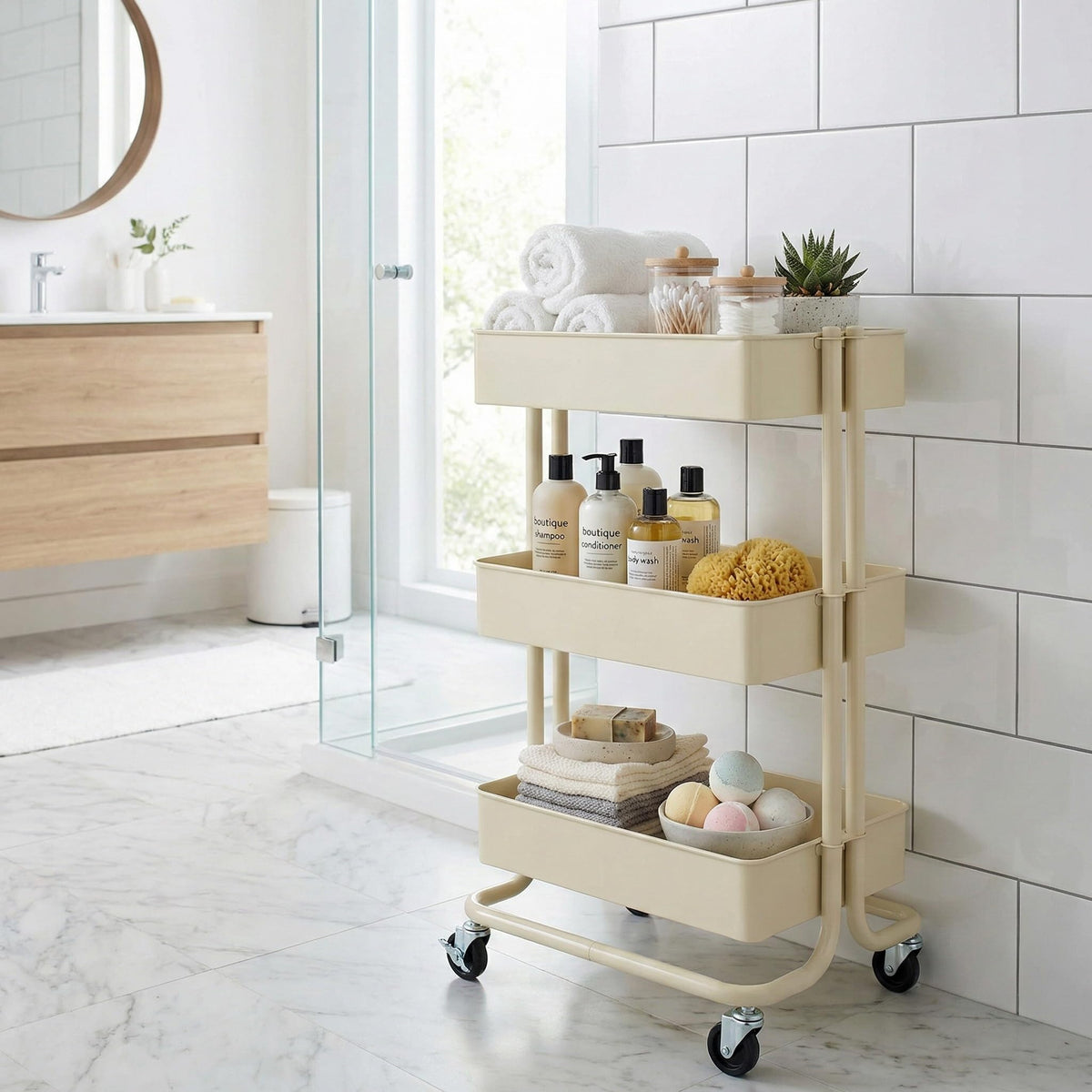 ASPECT 3-Tier Storage Rolling Cart, Vanilla, 43x35x78.5cm
