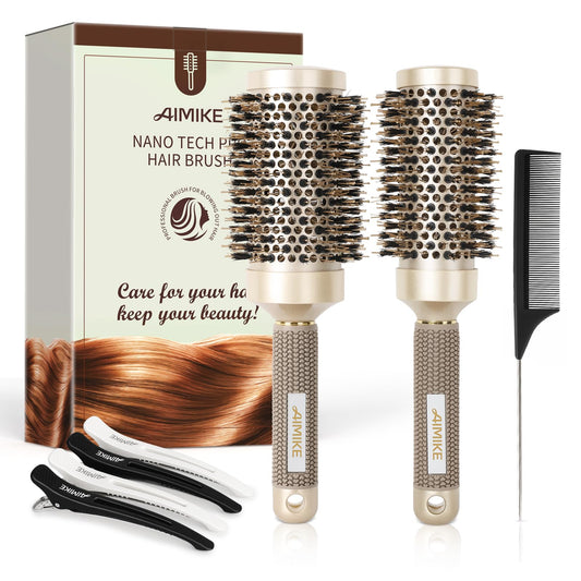 AIMIKE Hair Brush Set, Nano Thermal Ceramic & Ionic Tech Round Barrel Brush with Boar Bristles for Blow Drying, Enhance Texture for Styling, Curling