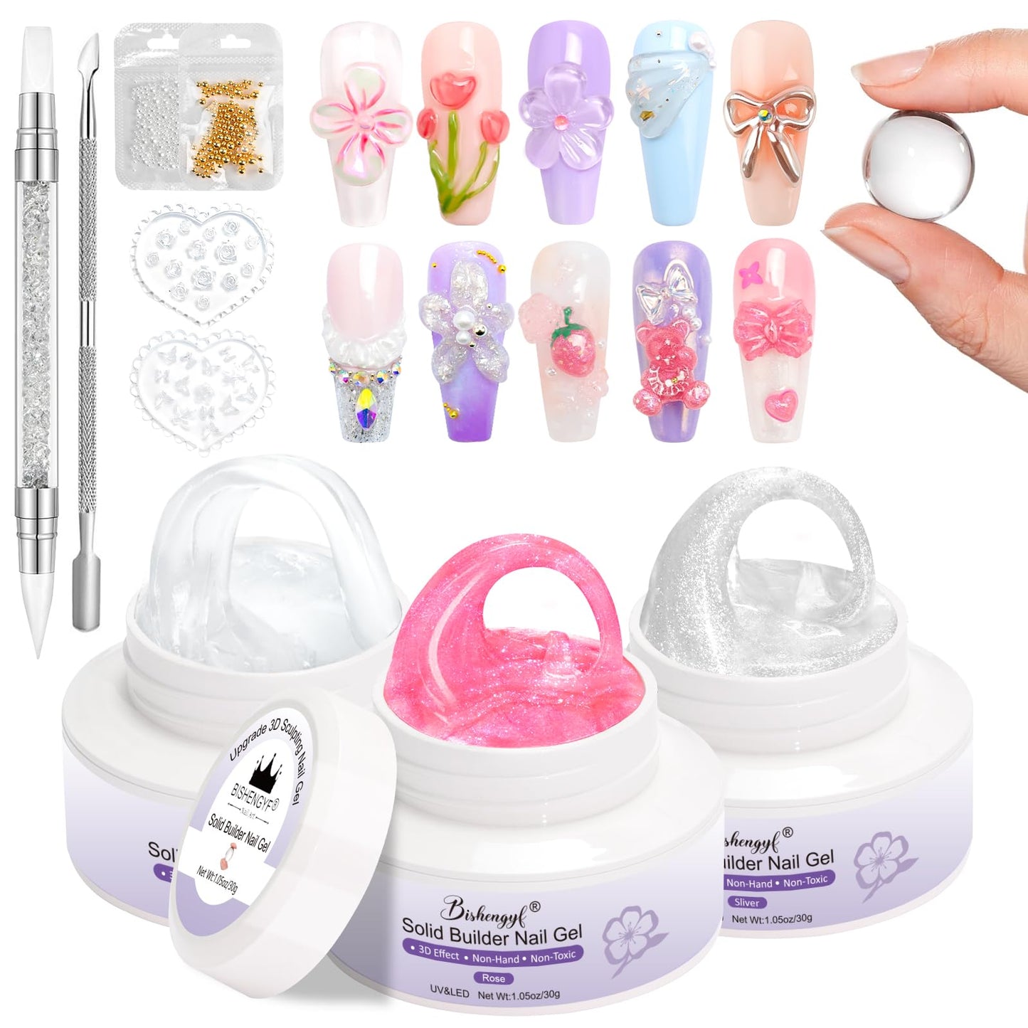 BISHENGYF 3d Sculpting Nail Gel,Large Capacity Clear 3d Gel,2pcs 30g Non-Sticky 3d Sculpting Solid Builder Ge l for Nails,Clear Carving Mermaid Pearl