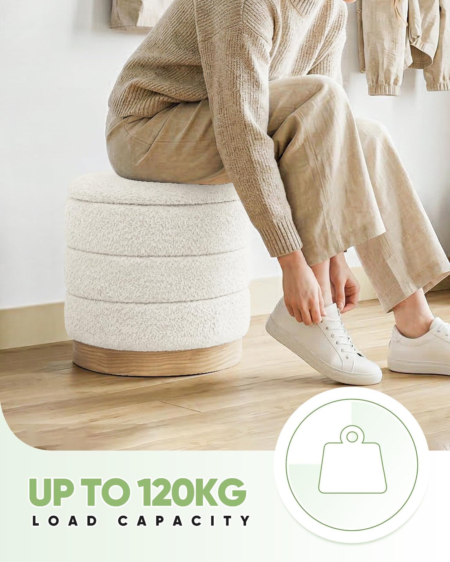 Bonlife Round Chenille Storage Ottoman, Folding Footstool with Table Top, 39X39X37cm, Load Capacity 120kg