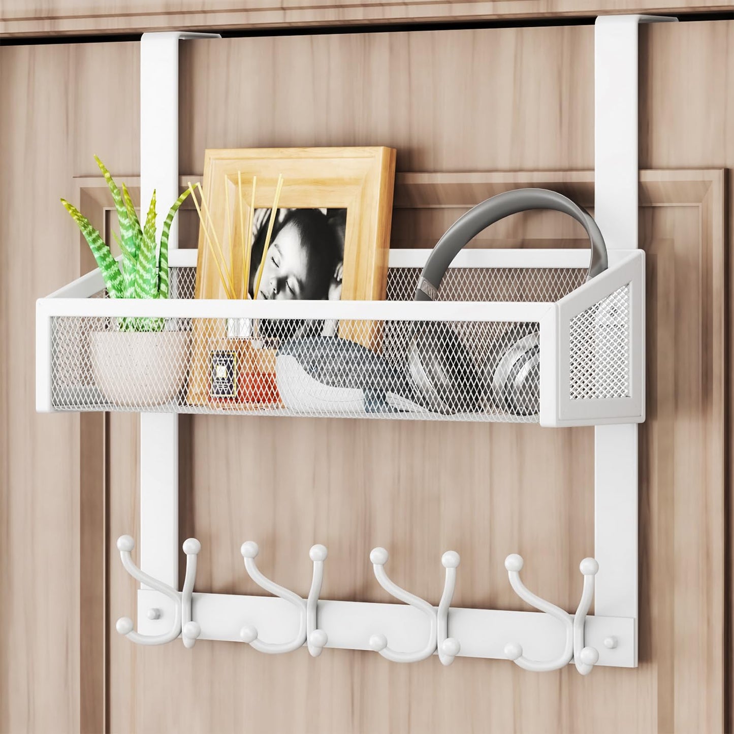 HapiRm Over Door Hanger - Over Door Hook Easy Install, Door Hangers with 16 Hooks, Mesh Basket Coat Hook for Clothes, Keys, Towels, in Bathroom,