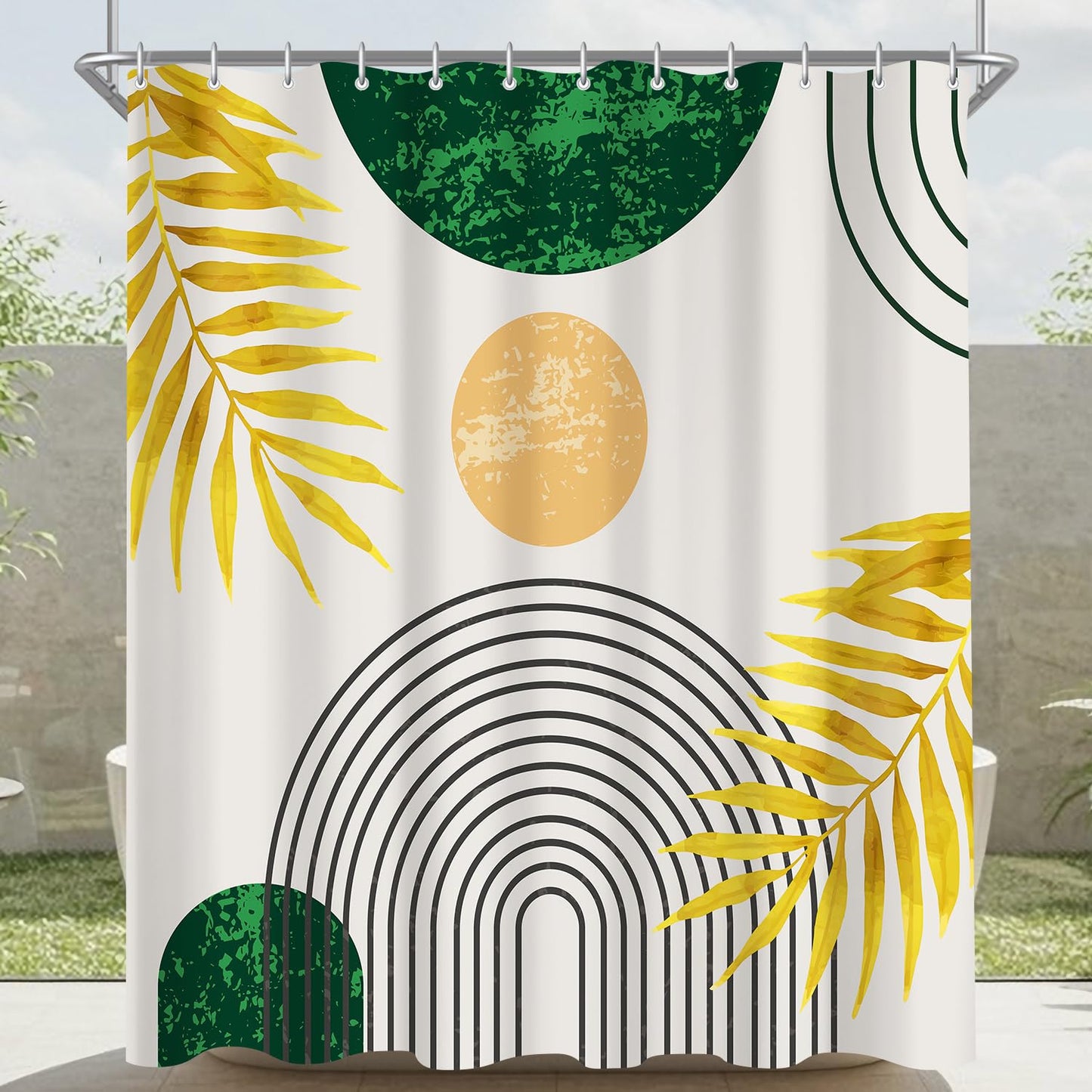 Lerores Shower Curtain, 120 x 200 cm, Dark Green Leaves Line, Weighted Hem, Anti-Mould, Water-Repellent, Washable Polyester Bath Curtains with 8
