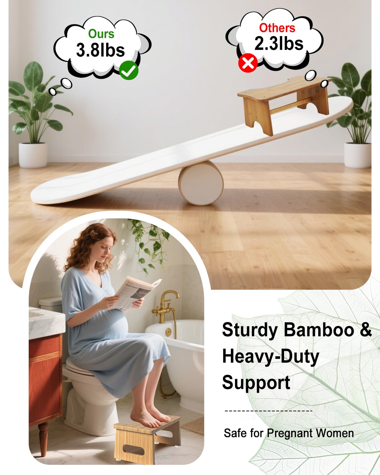 Foldable Toilet Stools, 17.8 CM Wooden Toilet Stool with Anti-Slip Feet, Space Saving, 35° Durable C Shaped Stool (Yellow)