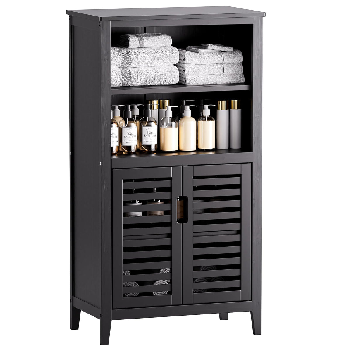 HITNET Bathroom Cabinet, Bamboo Side Storage Organizer with 2 Doors and Removable Shelves, Freestanding Floor Cabinet for Living Room Kitchen Bedroom,