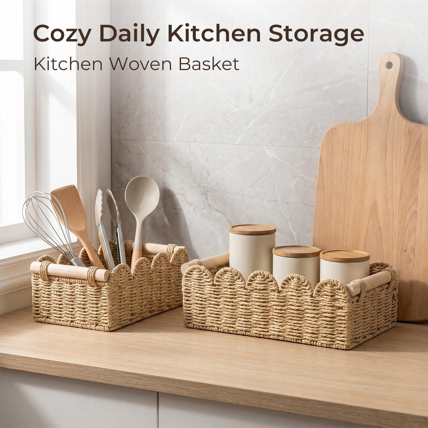 AURIVISTA Paper Rope Scalloped Toilet Paper Storage Organizer Basket,Beige