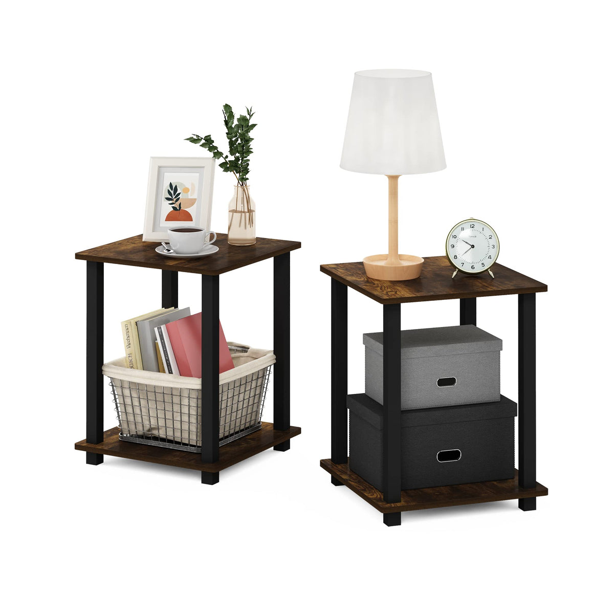 Furinno SIMPLISTIC Side Table Set of 2, 2-Tier End Table, Nightstand, Night Stand, Bedside Table, Easy Assembly, for Living Room, Bedroom, Amber Pine