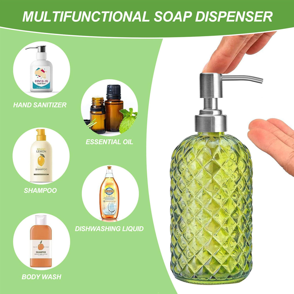 2Pcs Glass Soap Dispenser Green - 350ml/ 16 Oz Hand Soap Dispenser with Rustproof Stainless Steel Pump Liquid Hand Jar Refillable Glass Bottle for