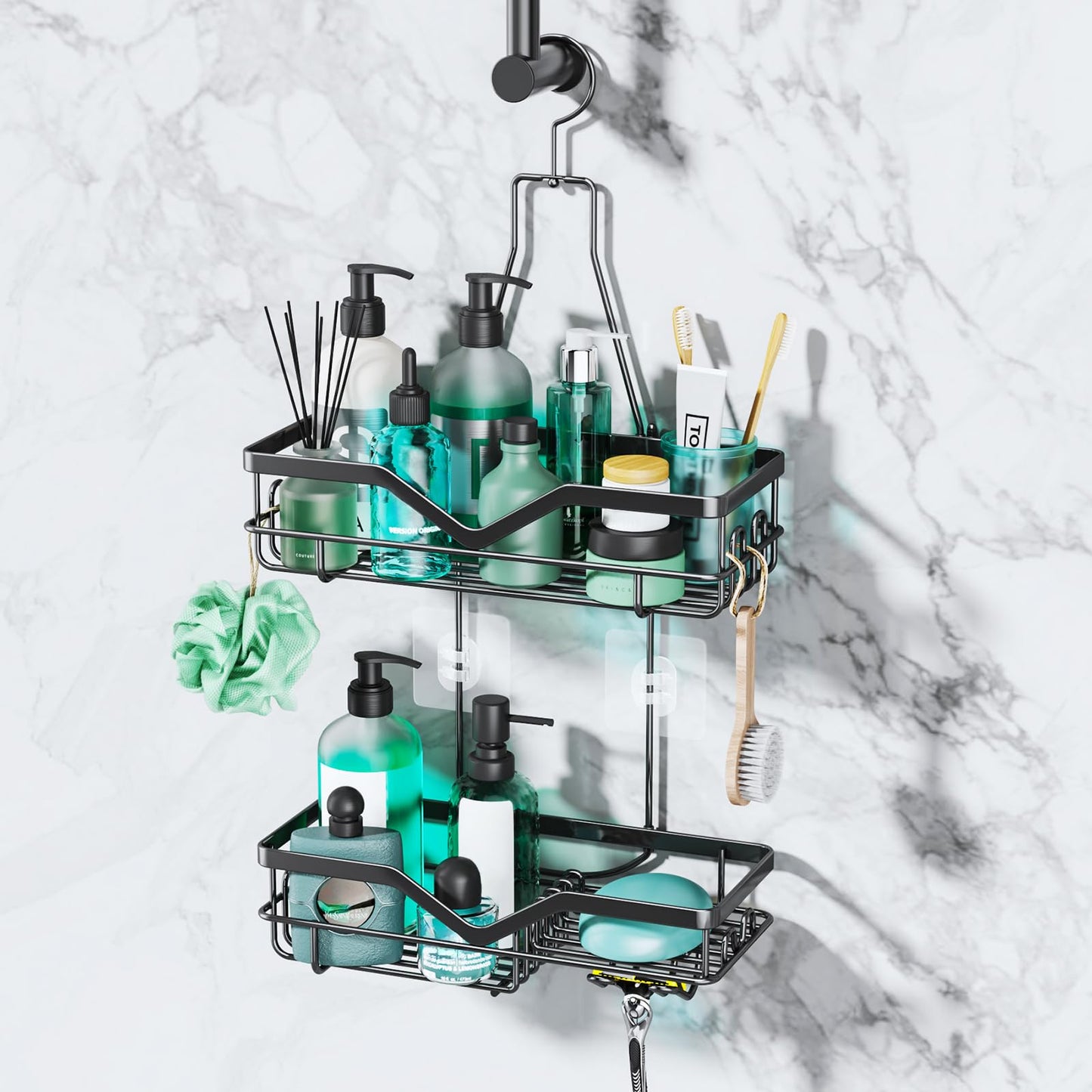 SWTYMIKI Rust-Resistant Hanging Shower Caddy - 2-Tier Bathroom Organizer Shelf with Razor Holder, Soap Dish & Multiple Hooks | Includes 3 Screw