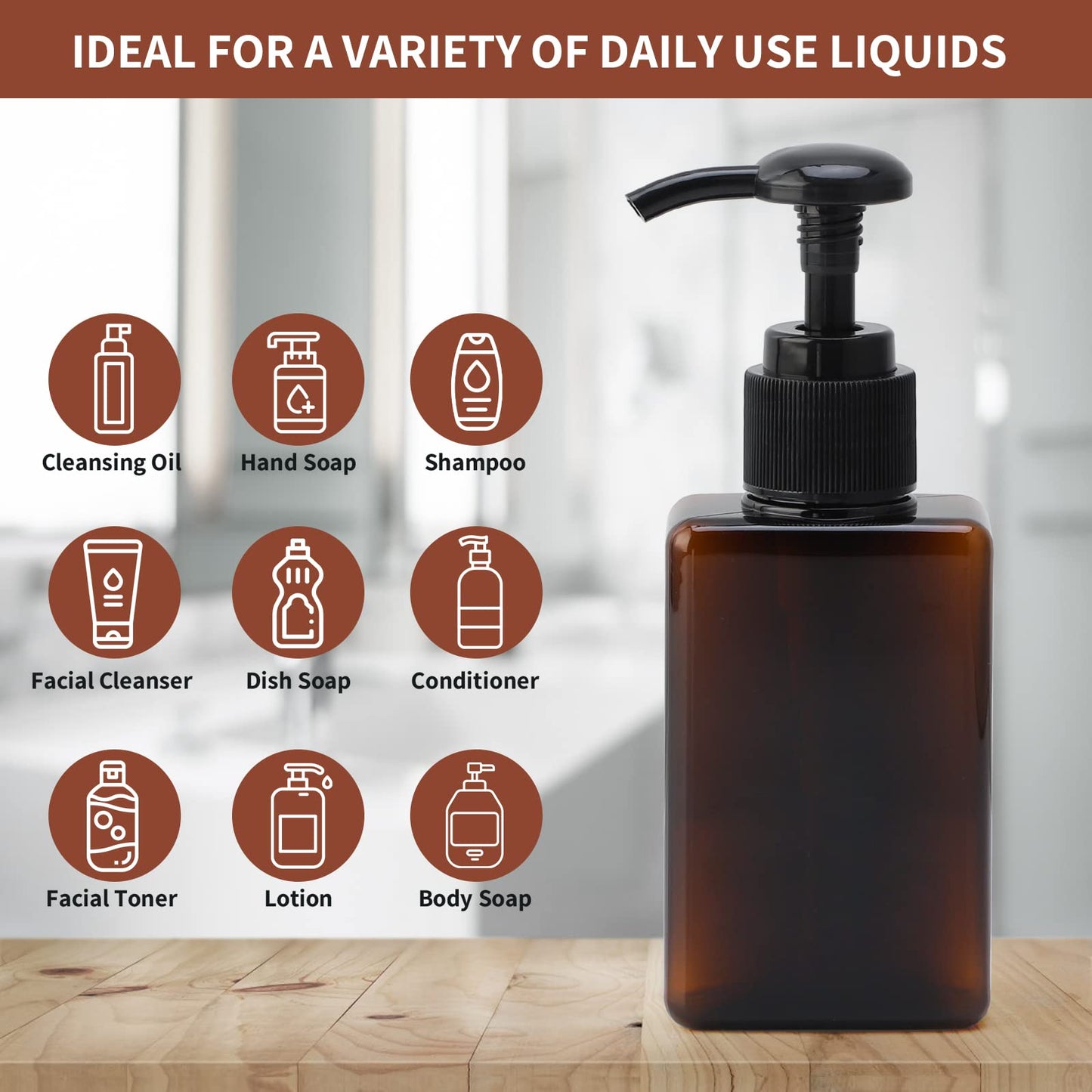 Segus Soap Dispenser, 3 Pieces 100ml Pump Bottle Dispenser with Labels, Empty Shampoo Bottles, for Bathroom, Kitchen(Amber)