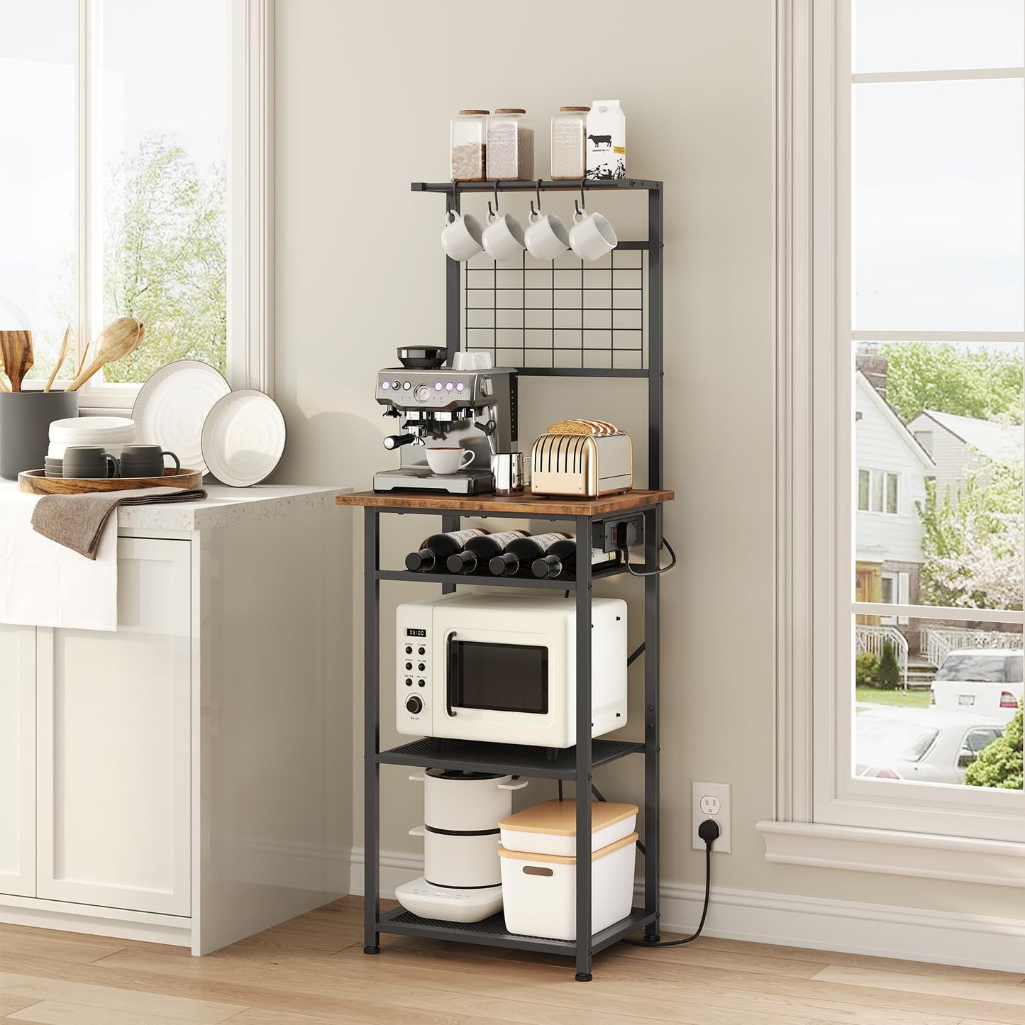 MAHANCRIS Bakers Rack, Microwave Stand with Power Outlet, Coffee Bar Station with Wine Rack and Hooks, Kitchen Storage Shelf
